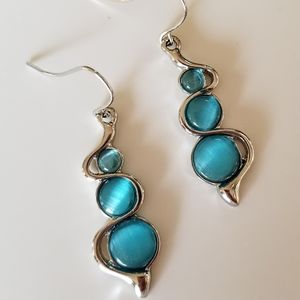 Antique Silver Colored with moon Stone. Dangle hook Earrings. Aqua colored.